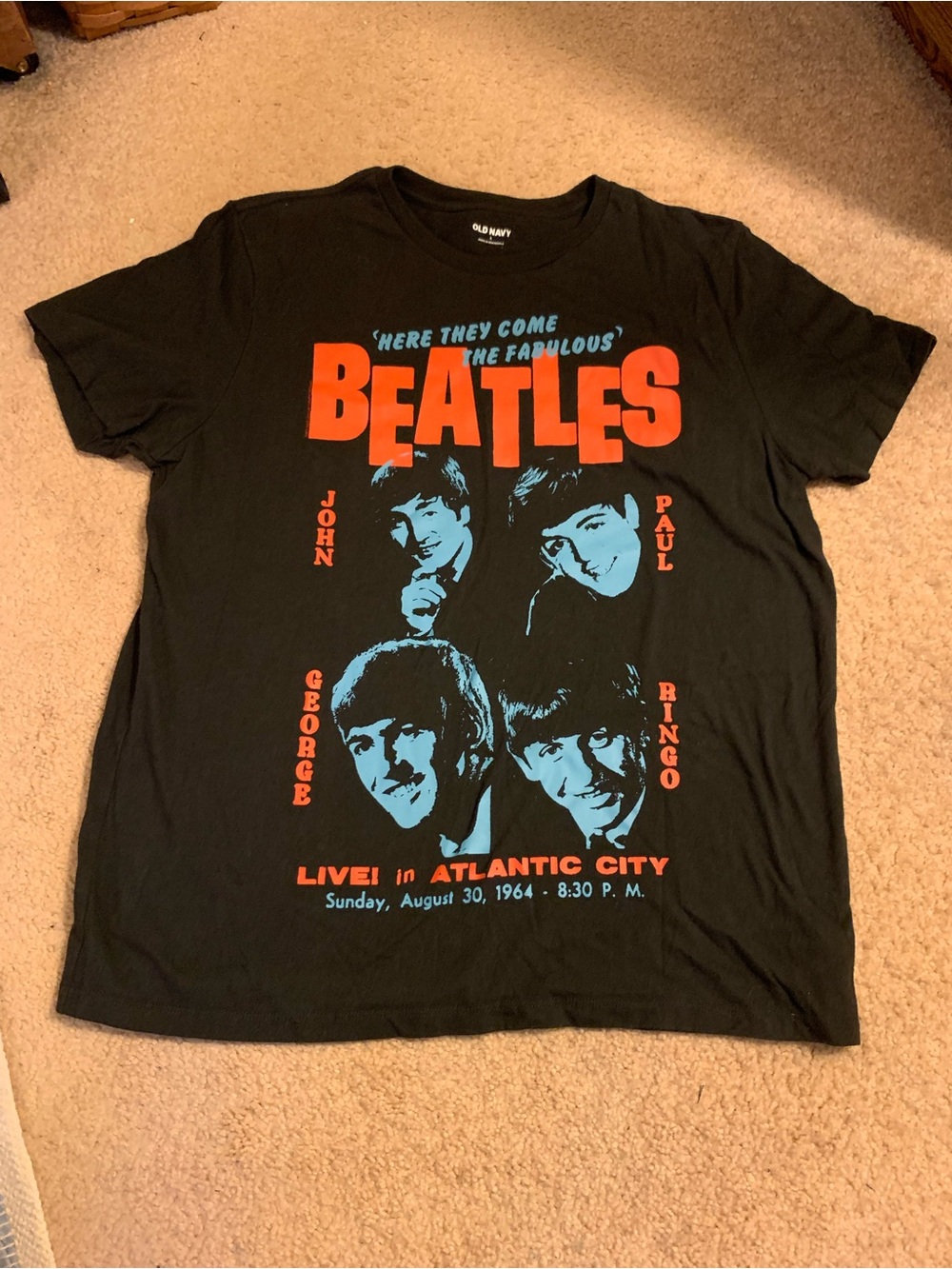 Old Navy Black Beatles Graphic Tee with Red and Blue Print